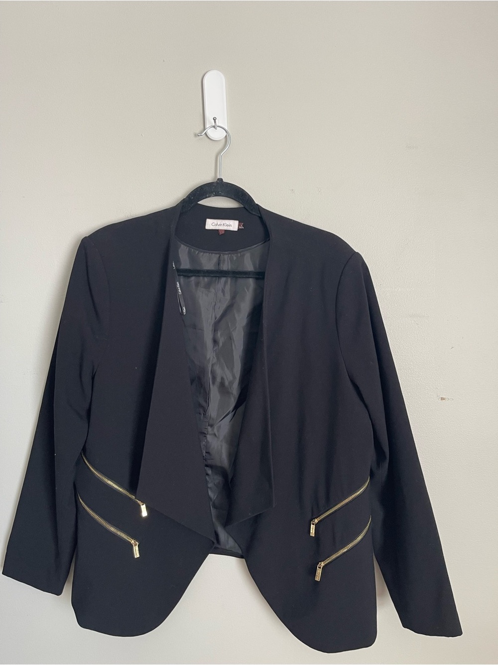 CALVIN KLEIN Black Open-Front Gold Zipper Detail Blazer Jacket Sz 16W